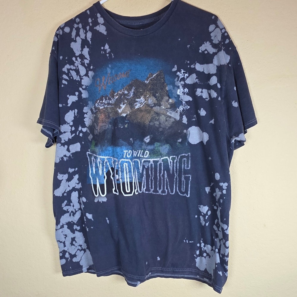 PacSun Welcome to Wild Wyoming Bleach Splatter grunge Graphic T-Shirt L Grey